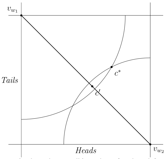 [a graph of two vertical lines and two horizontal lines forming a square but lines extend beyond the intersections. The left vertical line is labelled 'Tails' and the lower horizontal line labelled 'Heads'. The upper left corner is labelled \(v_{w_1}\) , the lower right corner is labelled \(v_{w_2}\)] and a diagonal linke connects the two. Two arcs, one stretches from the lower left vertical line to the upper right horizontal line and the other from the upper right vertical line to the lower left horizontal line. The two arcs intersect twice. The upper right intersection is labelled \(c*\) and a point on the diagonal line in the middle of the intersection space is labelled \(c'\).