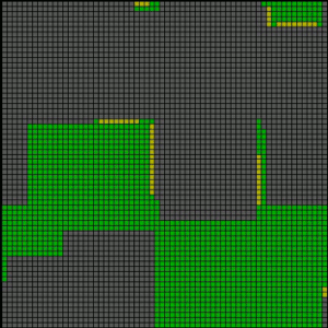 fourth square, more than half the cells are gray with one large clump of green and two very small clumps of green. Again a few yellow cells adjacent to the gray cells in places.