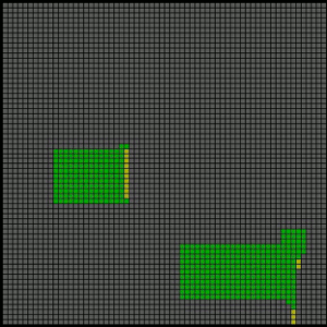fifth square, two small clumps of green cells with a few yellow cells on the edge.