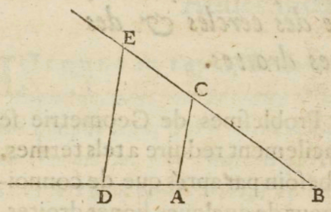 Image from Descartes work. Two lines meet at point B to form an acute angle; points D and A with D further from B are on the lower line and points E and C with point E further from B are on the upper line; a line segment connects D and E and also A and C. Link to SVG diagram and extended description below