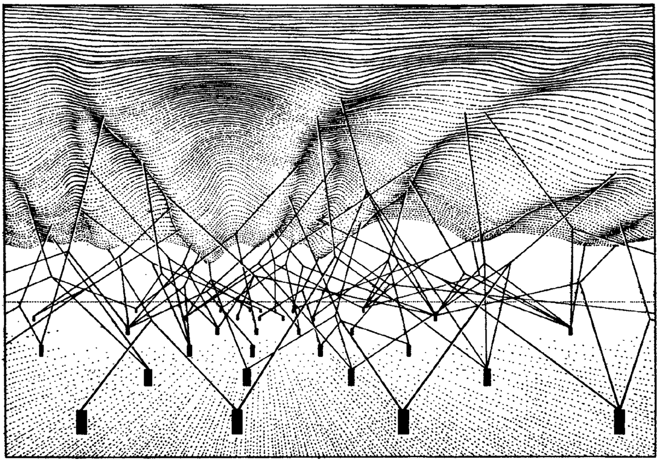 A series of small black rectangles at the bottom are linked via a network of straight, intersecting lines, which connect to the contours of a surface at the top. Many rectangles connect to multiple lines.