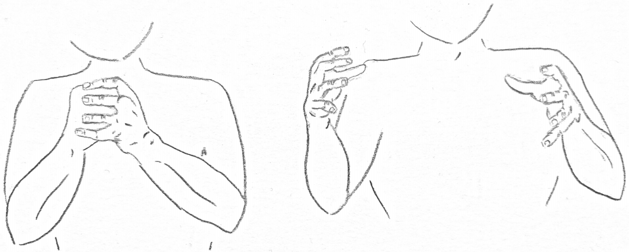 two drawings of a human with the first showing their left hand clasping the clenched fist of the right in front of the upper chest region and the second with the two hands spread and separated horizontally and in front of the shoulders.